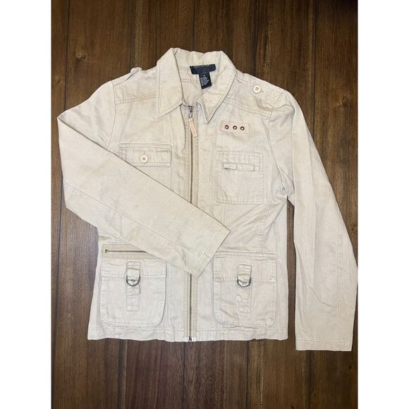 Outer Edge Jackets & Blazers - Women’s Size M Tan Denim Jacket Jean Jacket Full-Zip Pockets Ramie Outer Edge